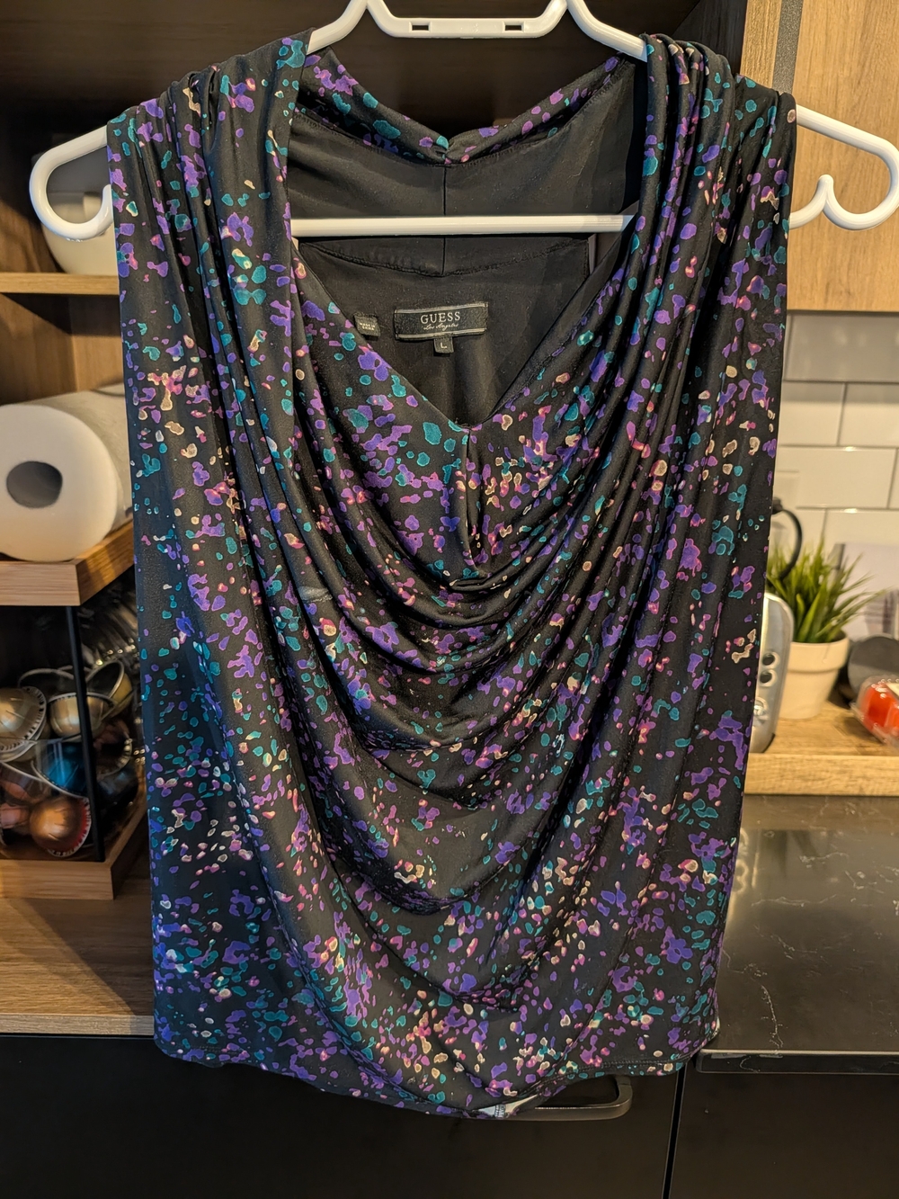 GUESS Draped Sleeveless Top in Black with Purple & Teal Print